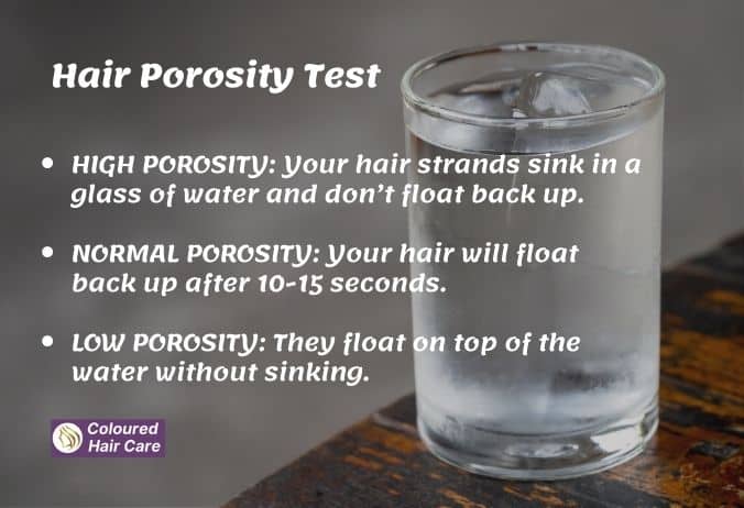 Hair porosity test

HIGH POROSITY: Your hair strands sink in a glass of water and don’t float back up.

NORMAL POROSITY: Your hair will float back up after 10-15 seconds.

LOW POROSITY: They float on top of the water without sinking.  
infographic