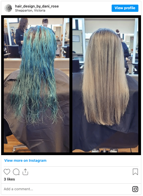 blue hair dye removal instagram post